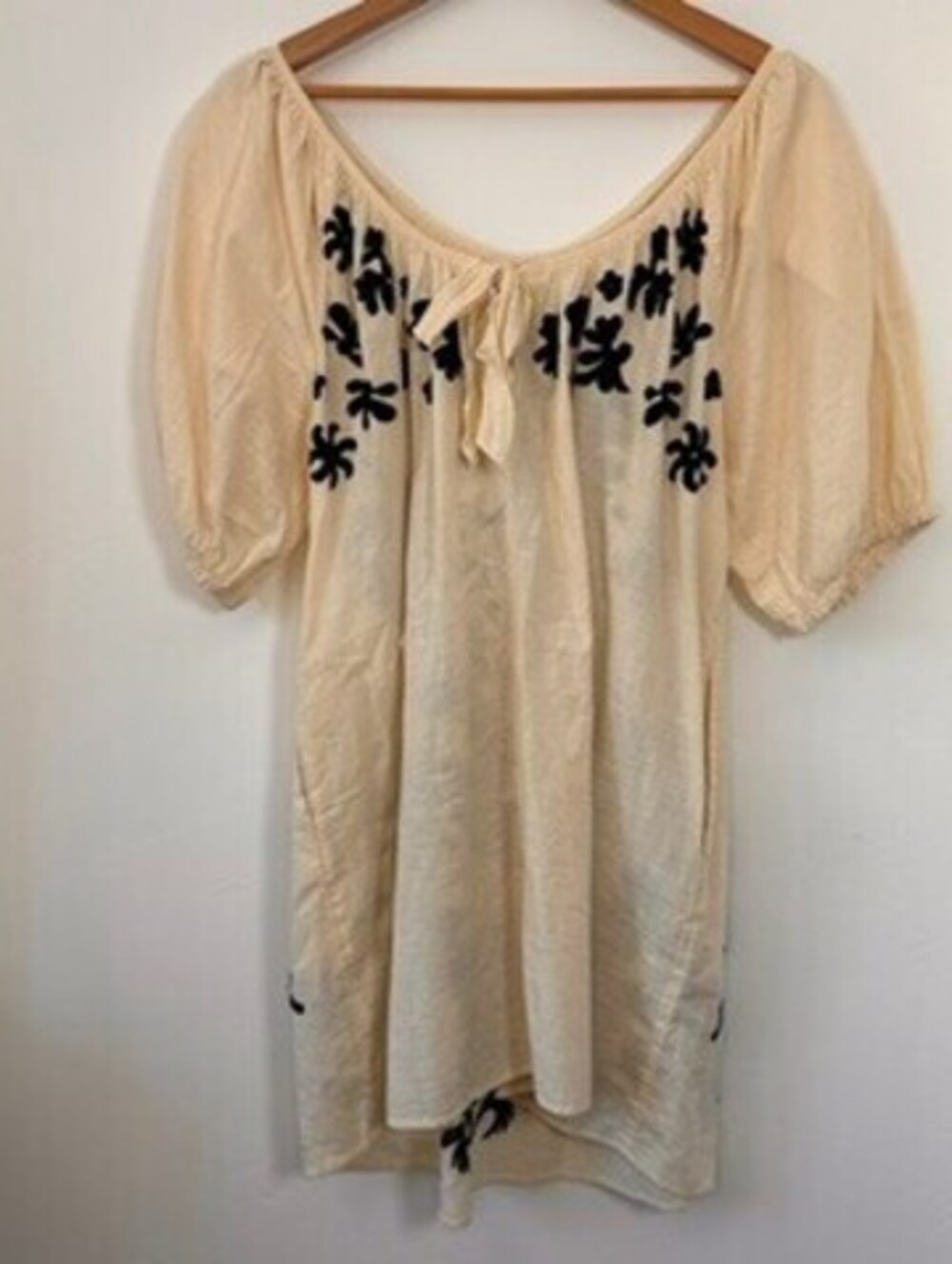Free People Fiona Embroidered Mini Dress Size M Linen Cream Black - Picture 4 of 5
